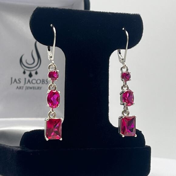Beautiful 5ct Multi Cut Ruby Earrings in Sterling Silver Lab Grown Ruby - Picture 2 of 4